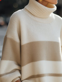 Beige And Ivory Striped Turtleneck Sweater