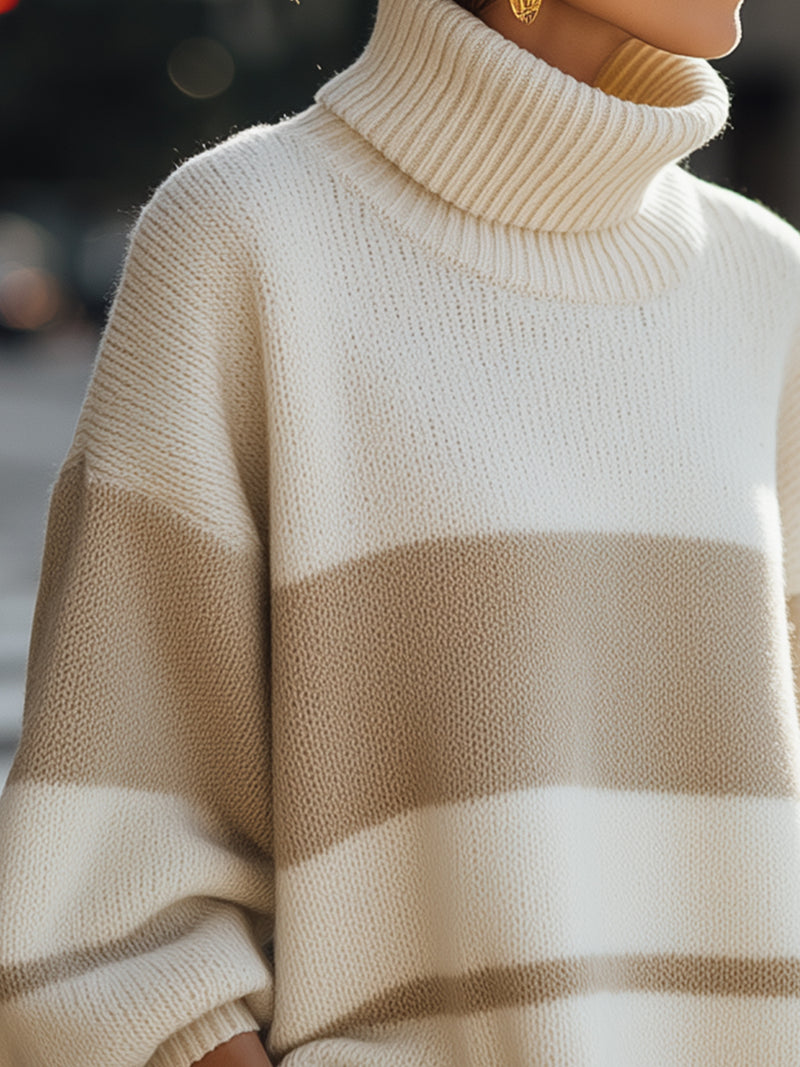 Beige And Ivory Striped Turtleneck Sweater