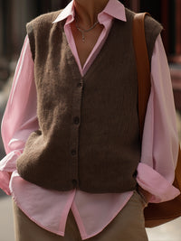 Chocolate Brown Button-Down Knit Vest And Pink Shirt Set