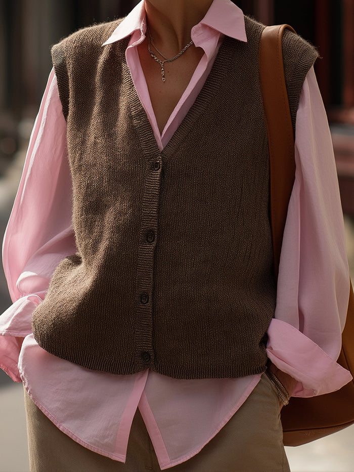 Chocolate Brown Button-Down Knit Vest And Pink Shirt Set