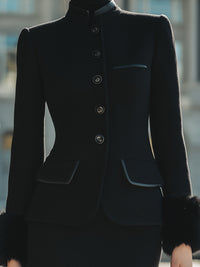 Wool Blend Blazer And Skirt Set With Faux Fur Cuffs