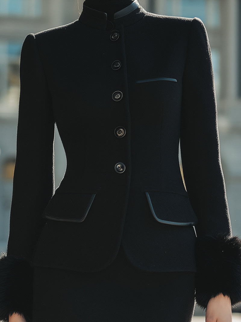 Wool Blend Blazer And Skirt Set With Faux Fur Cuffs