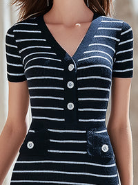 Striped V-Neck Buttoned Ribbed Knit Midi Dress