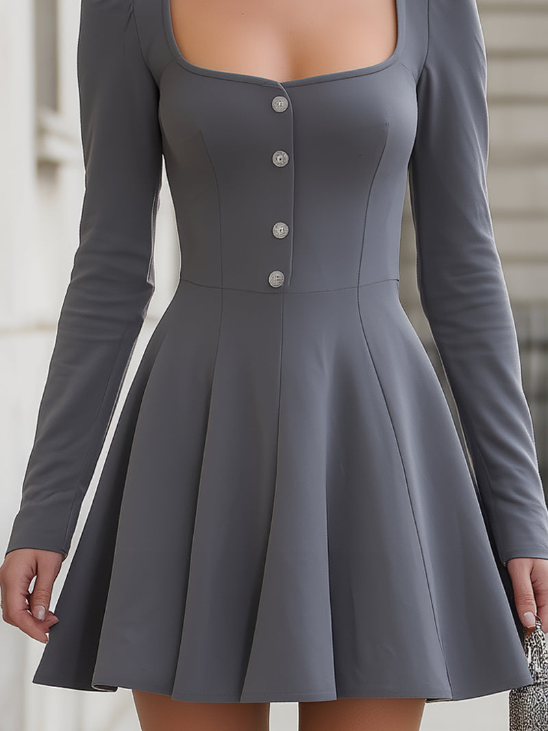 Square Neck Button-Front Fit & Flare Mini Dress
