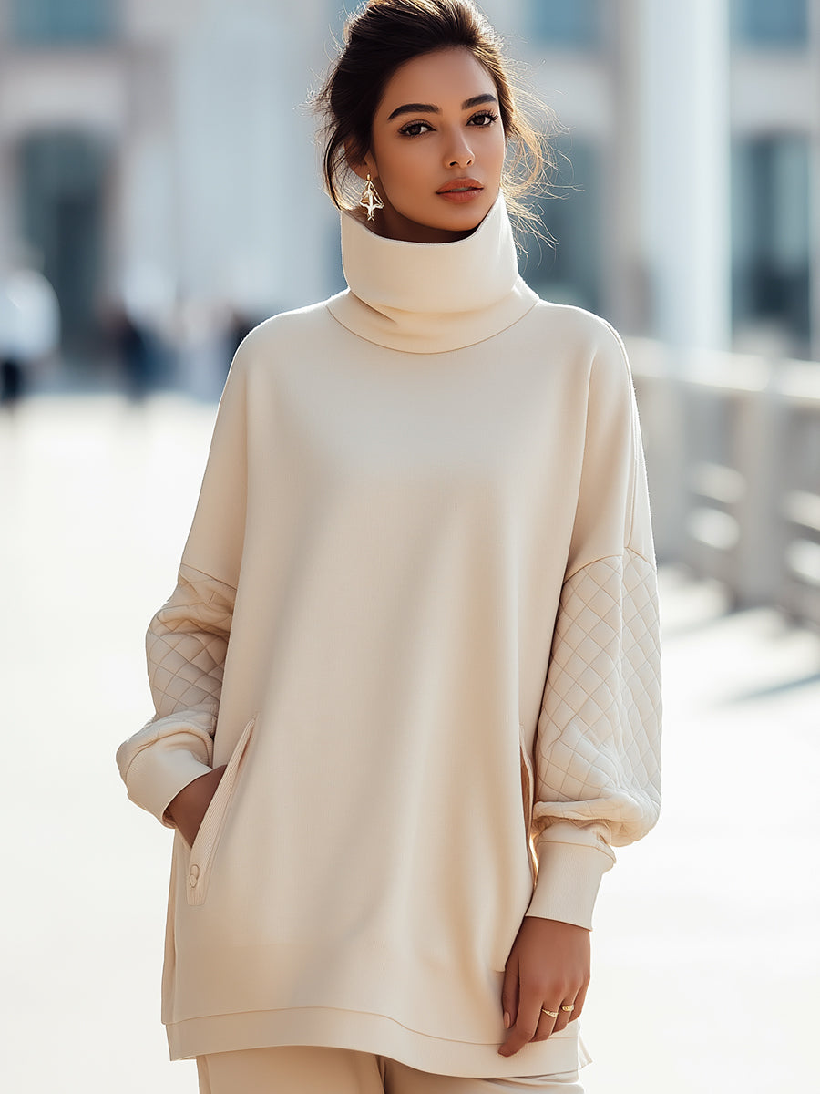 Quilted Sleeve High-Neck Relaxed Sweatshirt