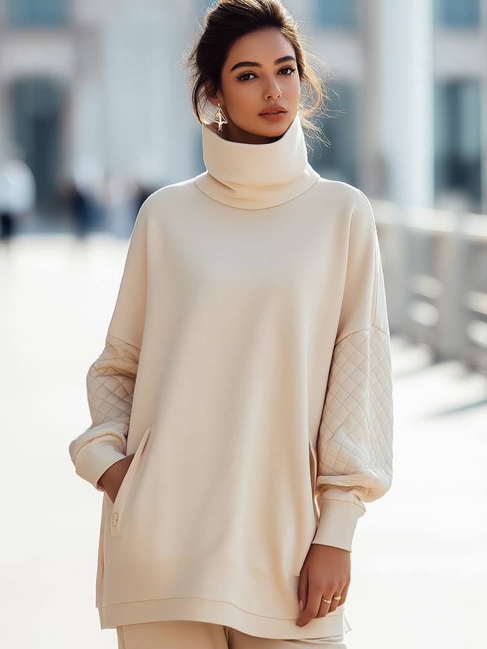 Quilted Sleeve High-Neck Relaxed Sweatshirt