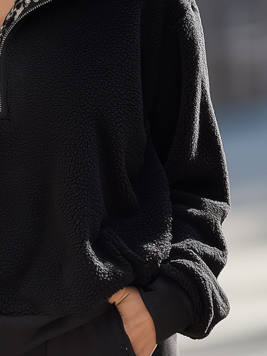 Black Polar Fleece Cardigan Jacket With Leopard Print Collar