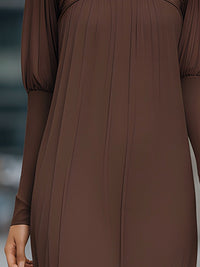 Sheer Yoke Pleated Long Sleeve Midi Dress With Soft Balloon
