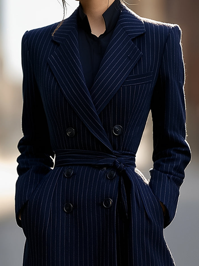 Navy Pinstripe Double-Breasted Belted Coat Dress