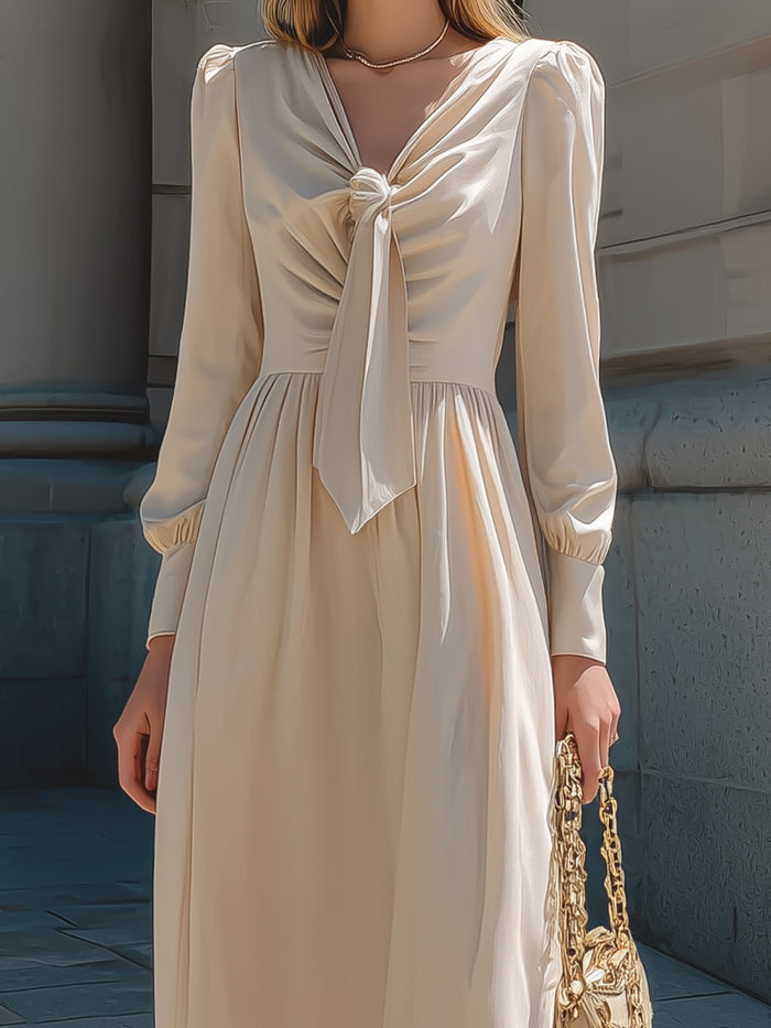 Champagne Satin Midi Dress With Front Tie