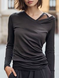 Asymmetric V-Neck Draped Long Sleeve Top