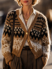 Nordic Knit Fair Isle Cardigan In Camel