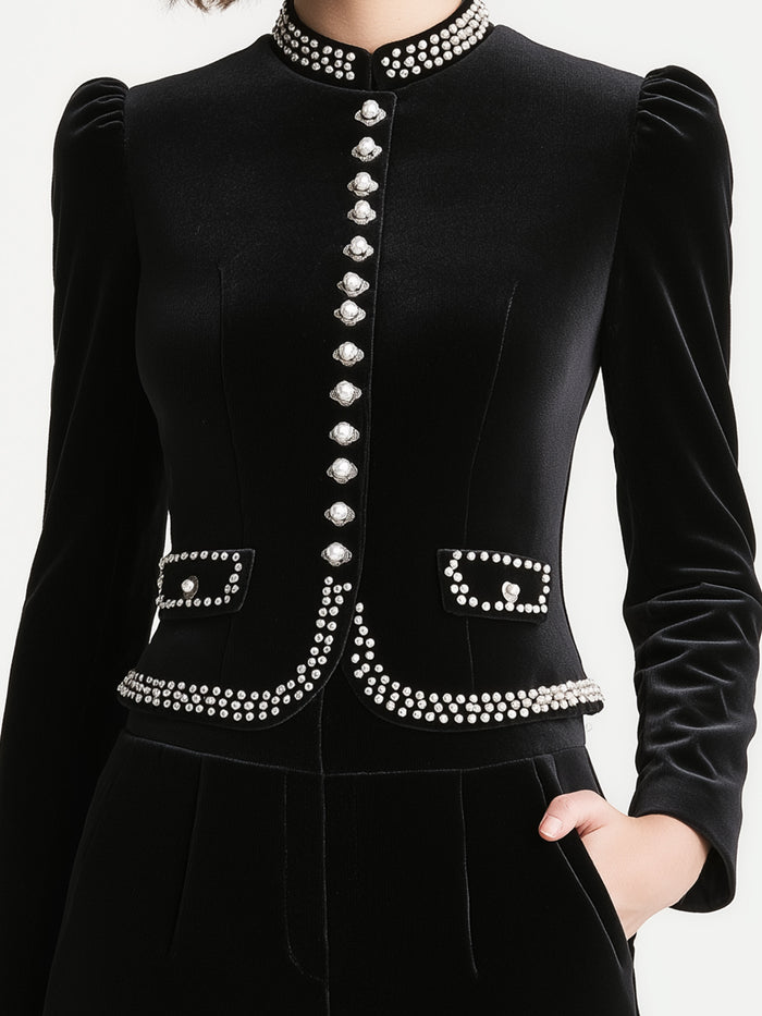 Velvet Pearl-Embellished Tailored Jacket