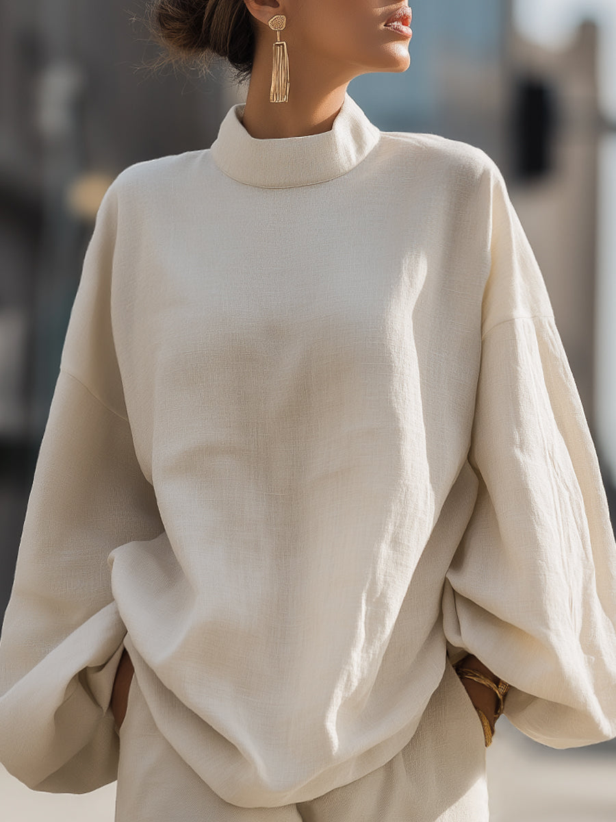 Relaxed Minimalist Mock-Neck Textured Blouse