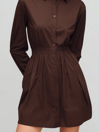Classic Chocolate Brown Elastic-Waist Shirt Dress