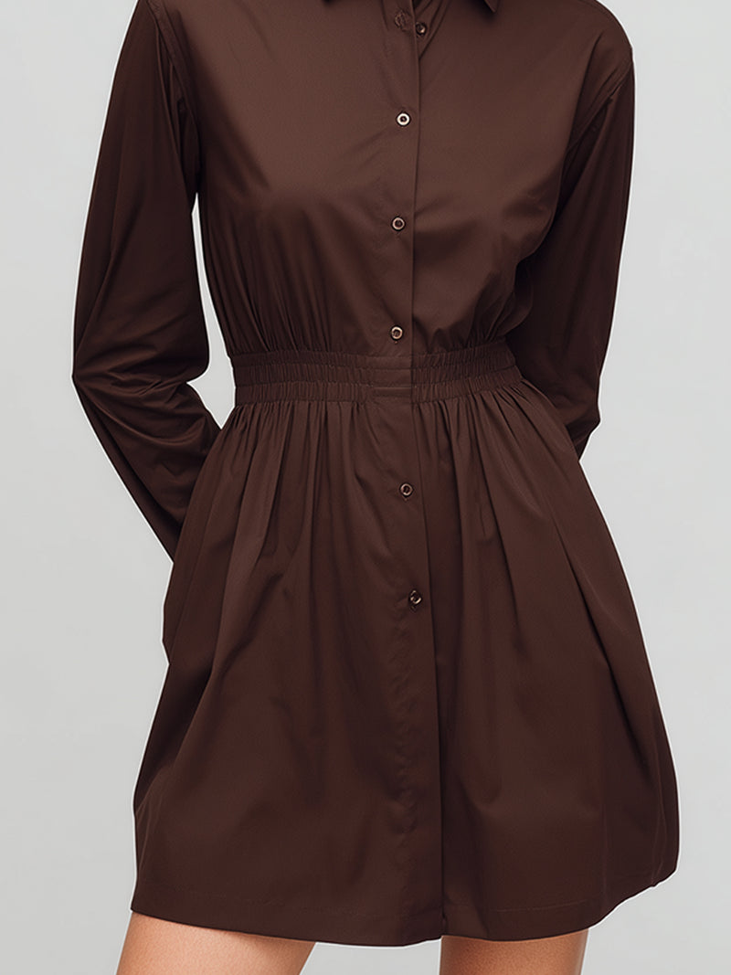 Classic Chocolate Brown Elastic-Waist Shirt Dress