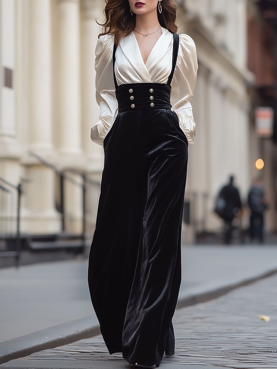 Satin & Velvet Suspender Wide-Leg Jumpsuit