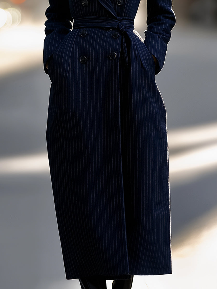 Navy Pinstripe Double-Breasted Belted Coat Dress