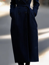 Navy Pinstripe Double-Breasted Belted Coat Dress