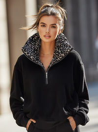 Black Polar Fleece Cardigan Jacket With Leopard Print Collar