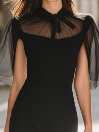 Sheer Bow-Neck Mini Dress With Cape Sleeves