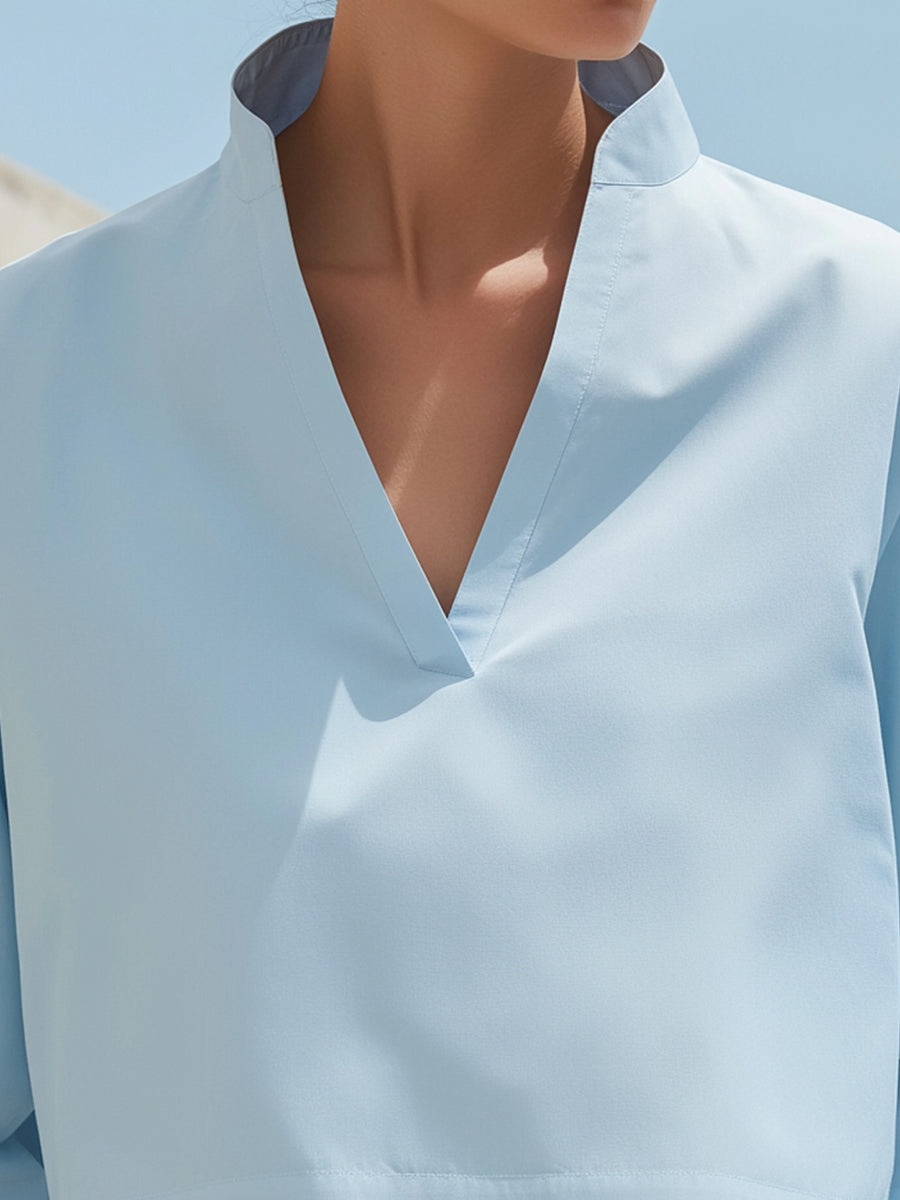 Modern V-Neck Stand Collar Cropped Blouse – Minimalist Elegant Top
