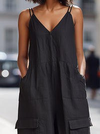 Double-Strap V-Neck Cargo Wide-Leg Jumpsuit