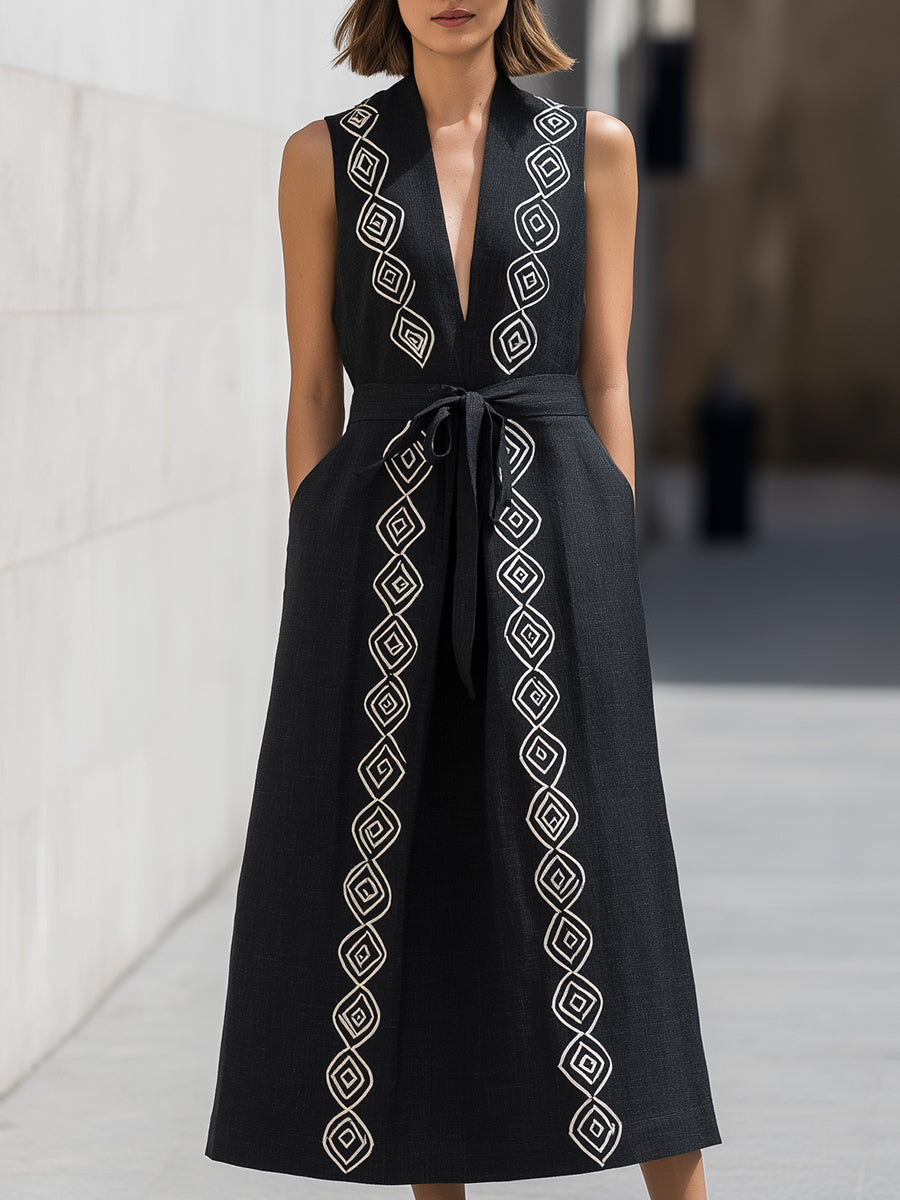 Embroidered Deep V Lapel Tie-Waist Midi Dress