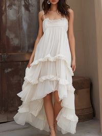 Smocked Bodice Ruffle High-Low Maxi Dress