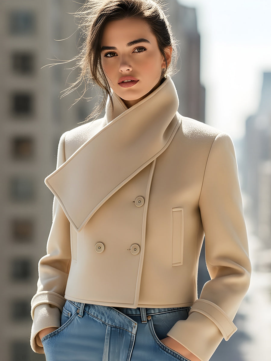 Structured Beige Wool Short Jacket With Asymmetric Lapel