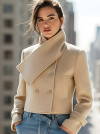 Structured Beige Wool Short Jacket With Asymmetric Lapel