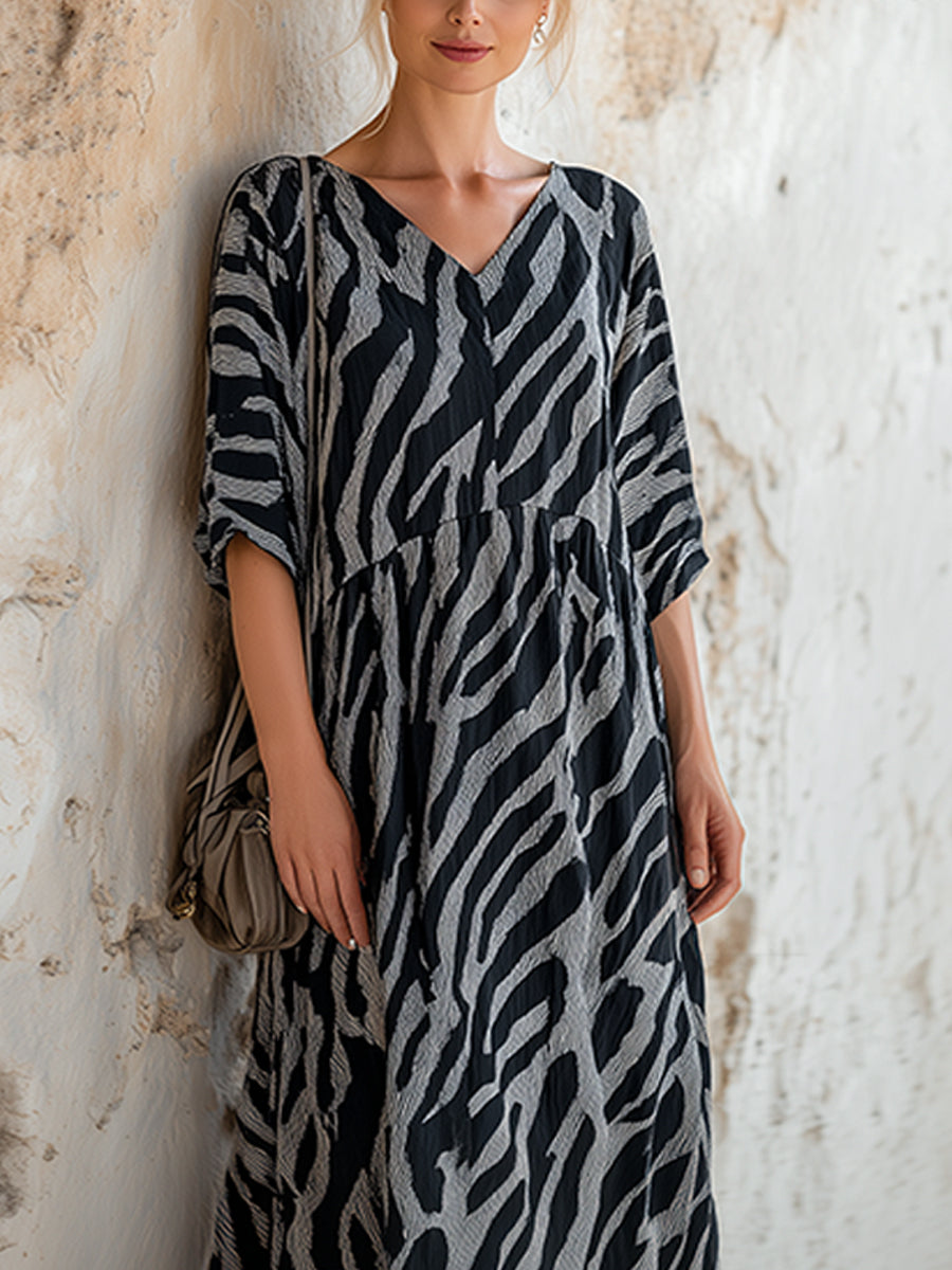 Abstract Print Short Sleeve Maxi Dress