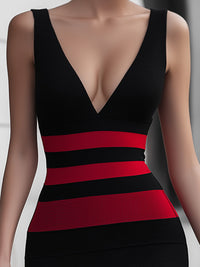 Bandage V-Neck Midi Dress With Wine-Red Stripe Panels