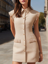 Sleeveless Tweed Mini Dress With Fringe Trim And Button Front