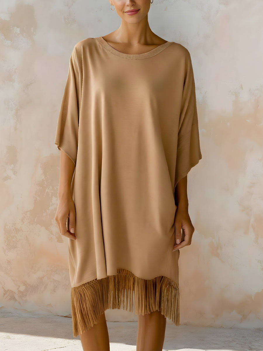 Relaxed Fringe-Hem Short Sleeve Midi Dress
