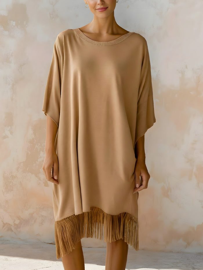 Relaxed Fringe-Hem Short Sleeve Midi Dress