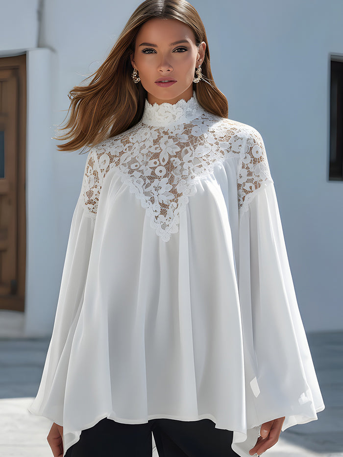 High-Neck Lace Yoke Chiffon Blouse With Flared Sleeves