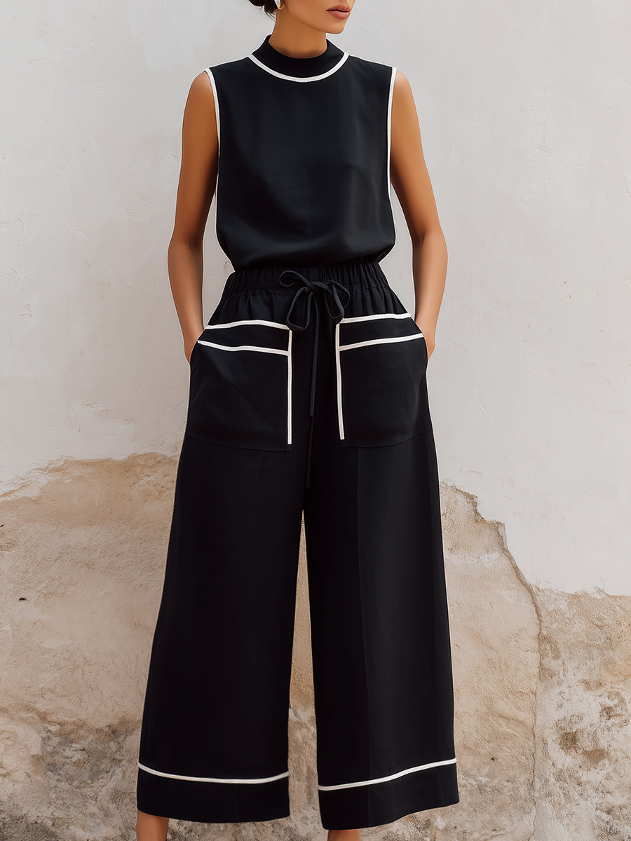 Modern Contrast-Trim Sleeveless Top & Wide-Leg Pants Two-Piece Set