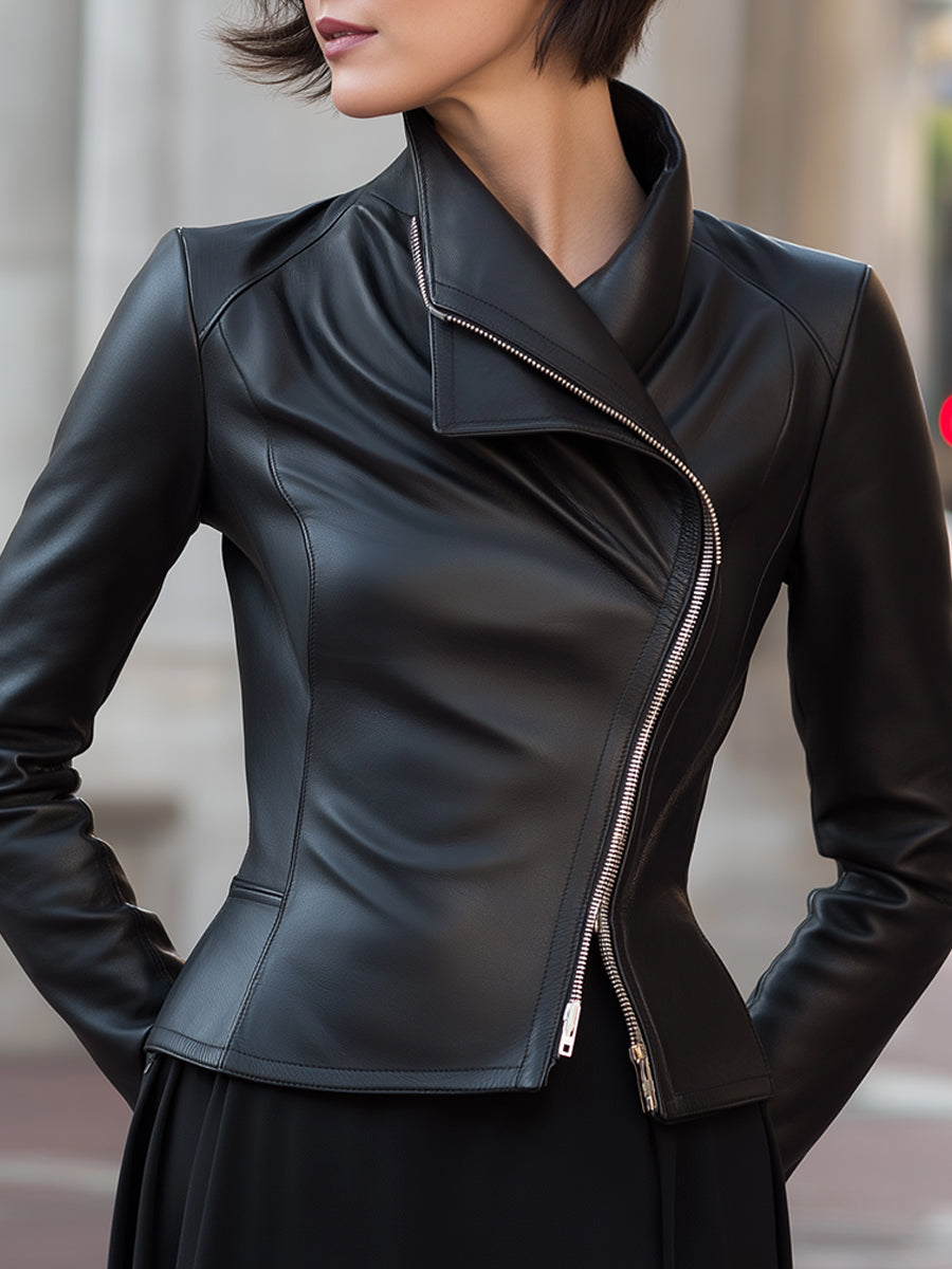 Sleek Asymmetrical Zip Faux Leather Tailored Jacket