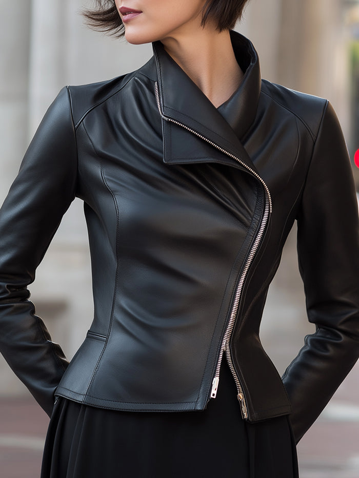 Sleek Asymmetrical Zip Faux Leather Tailored Jacket