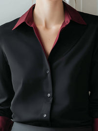 Button-Front Blouse With Burgundy Contrast Collar & Cuffs