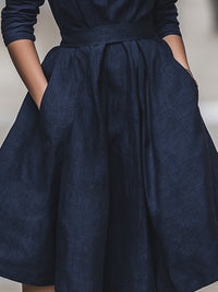 Navy Tailored Fit-and-Flare Dress With Structured Stand Collar