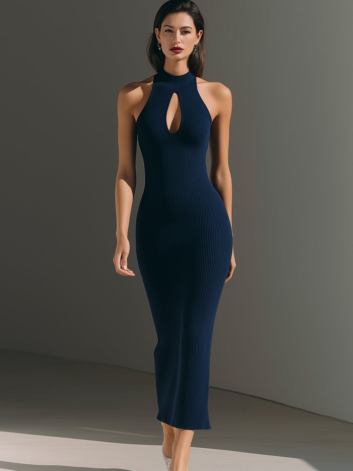 Ribbed Halter Midi Dress With Front Keyhole Detail
