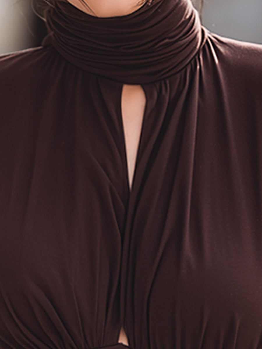 Chocolate Brown Ruched High-Neck Bodycon Dress