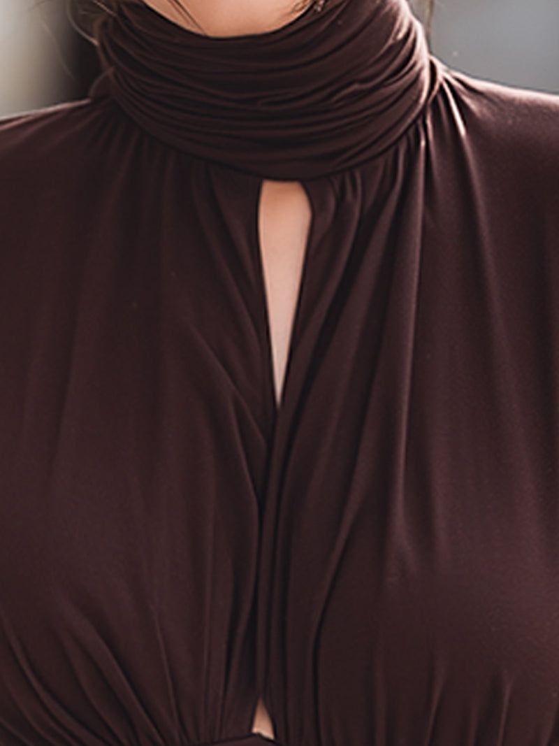 Chocolate Brown Ruched High-Neck Bodycon Dress