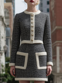 Black Tweed Contrast-Trim Skirt Suit