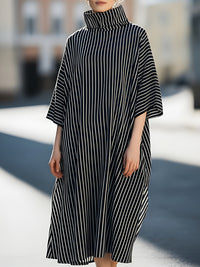 Vertical Stripe High-Neck Oversized Midi Dress
