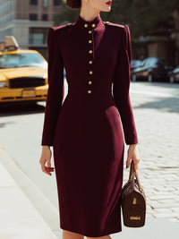 Burgundy Military-Inspired Buttoned Midi Dress