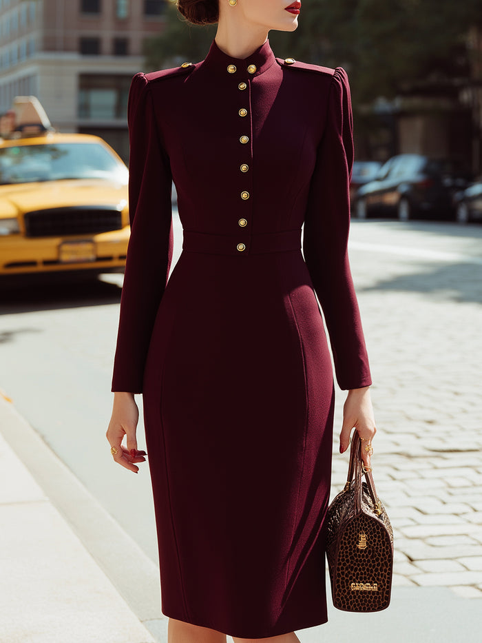 Burgundy Military-Inspired Buttoned Midi Dress