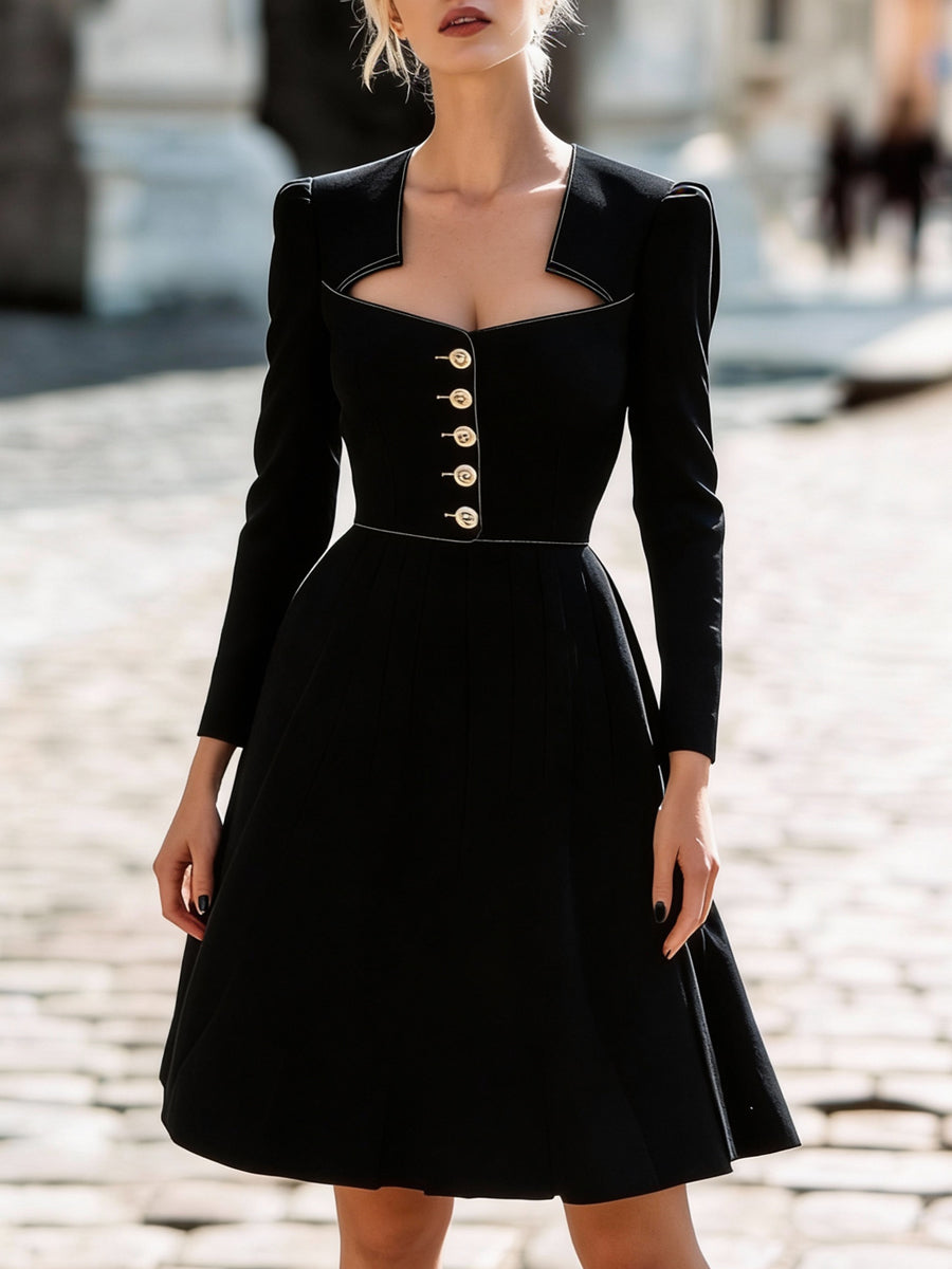 Black Sculpted Square-Neck Buttoned A-Line Dress